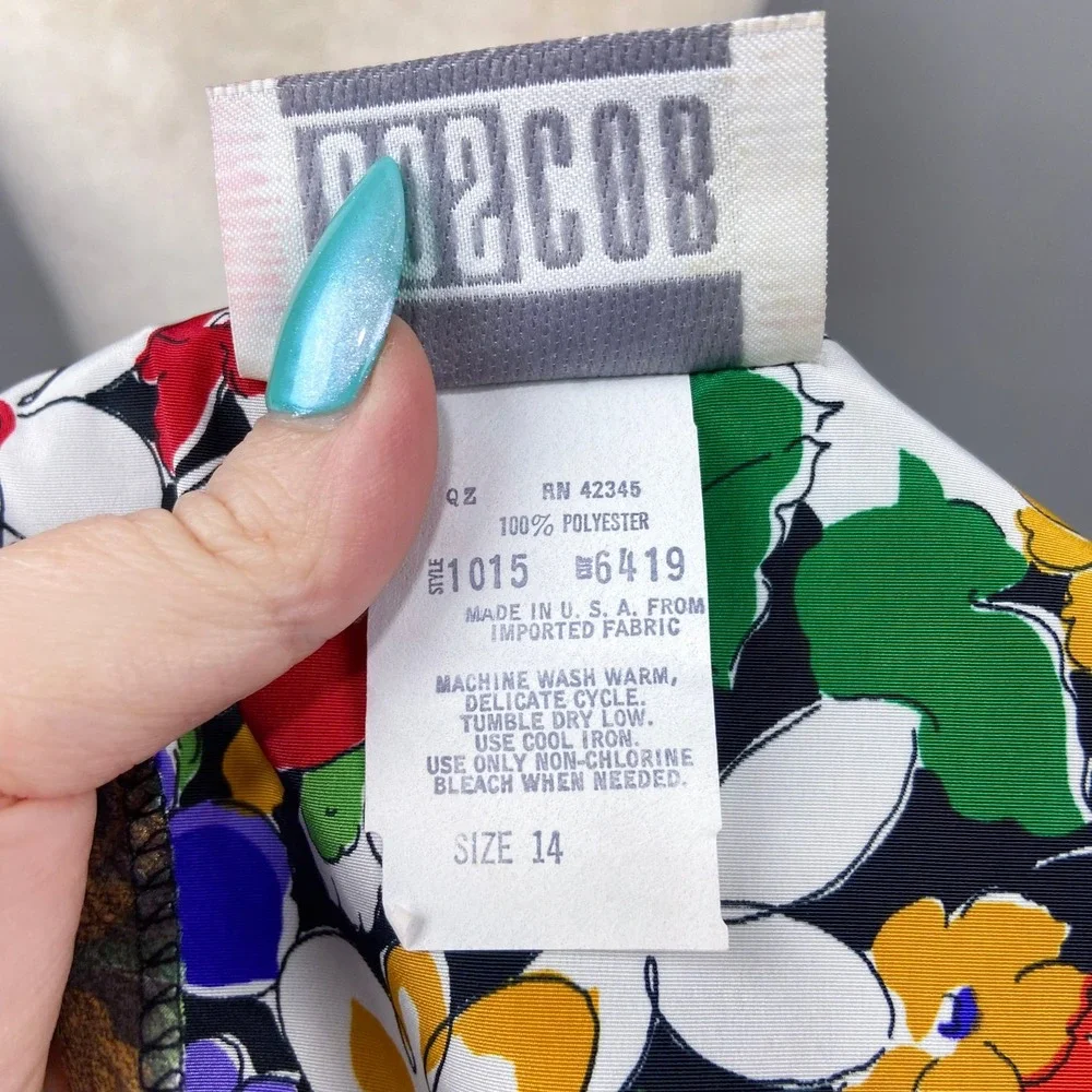 Vintage Cos Cob Floral Dress Size L Colorful Flowers Tie Waist Retro 2 Piece Set